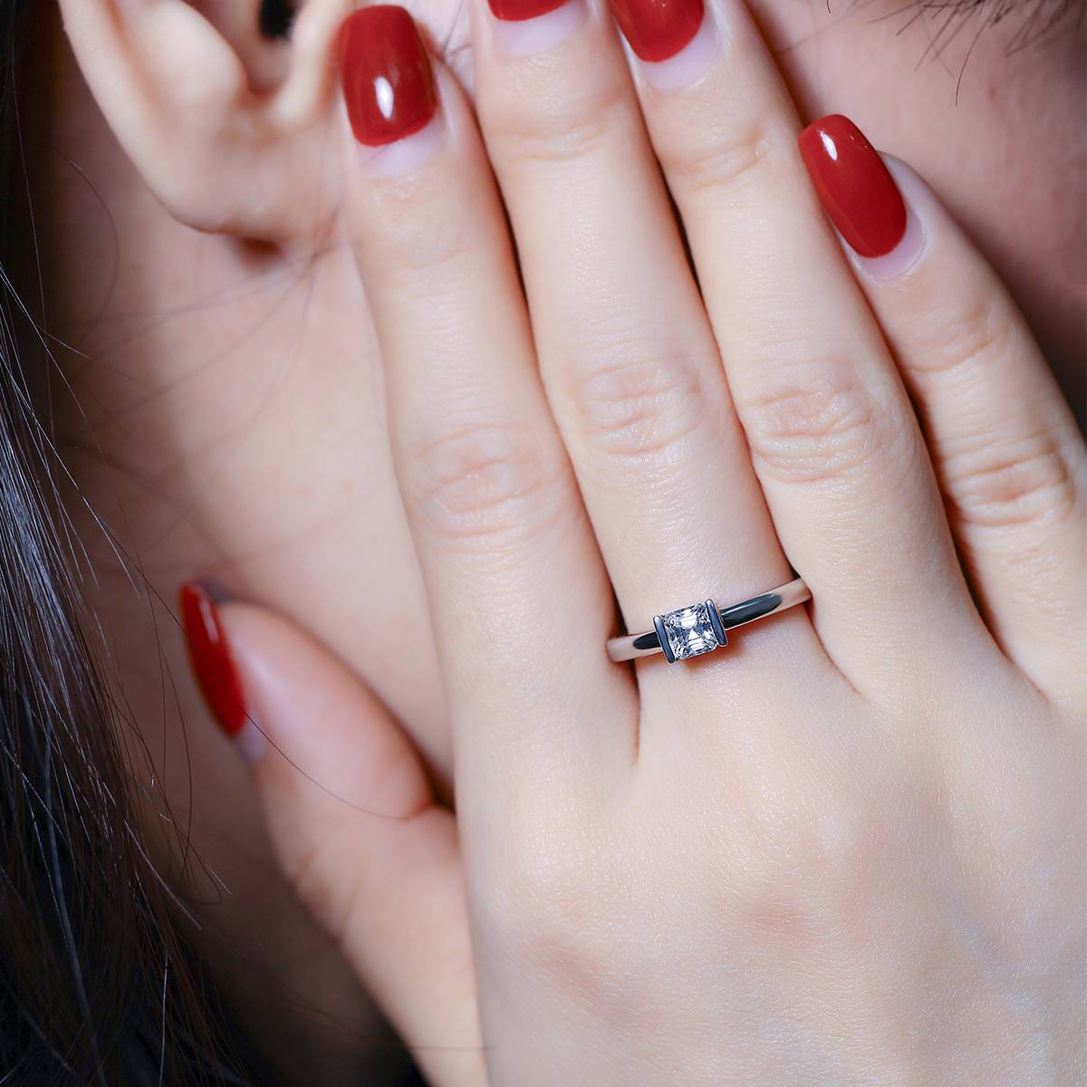 Simple Square S925 Silver Plated Platinum Moissanite Diamond Women's Ring 0.5 Carat D-Class